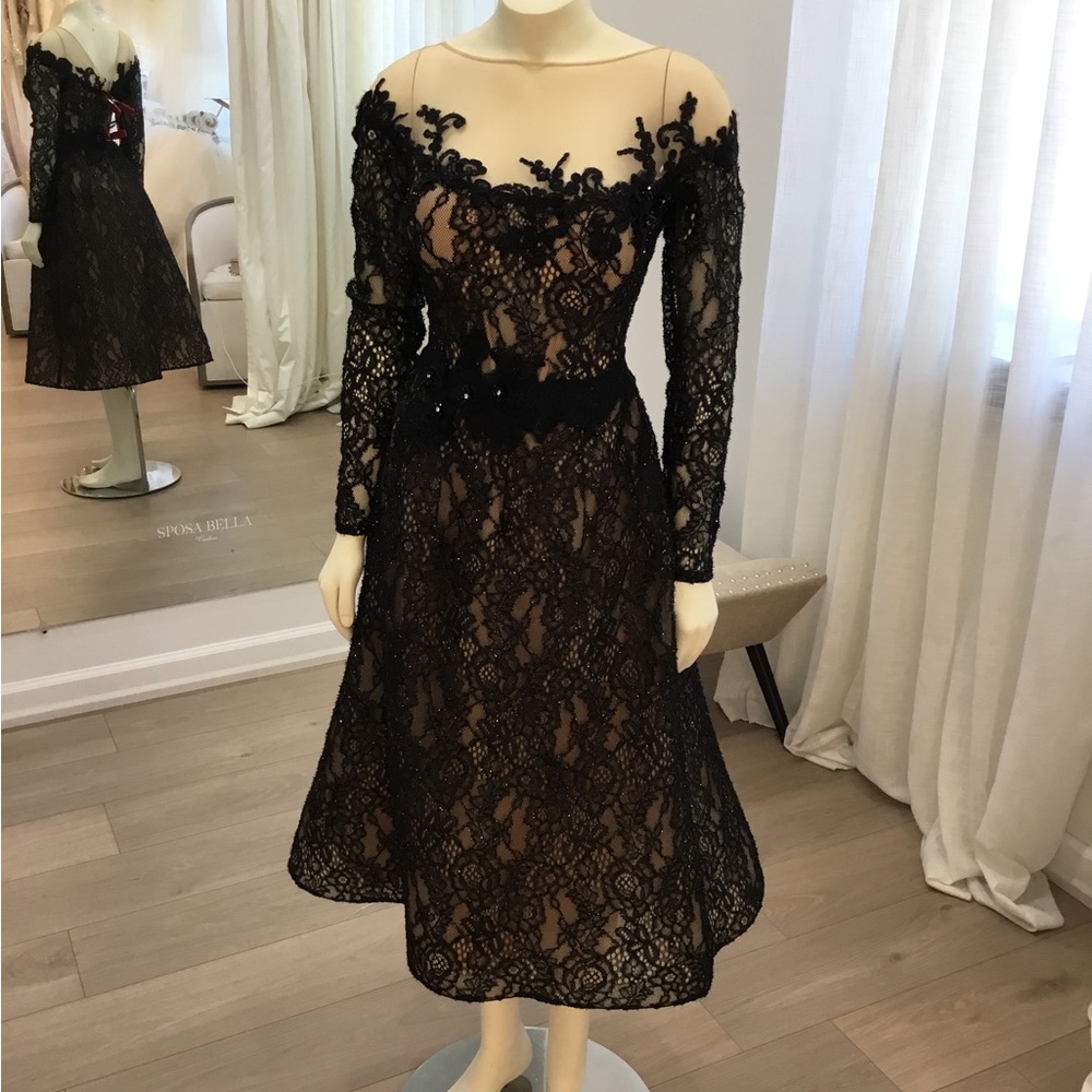 SAMPLE SALE! Tarik Ediz 93919 Midi Black Lace Evening Gown